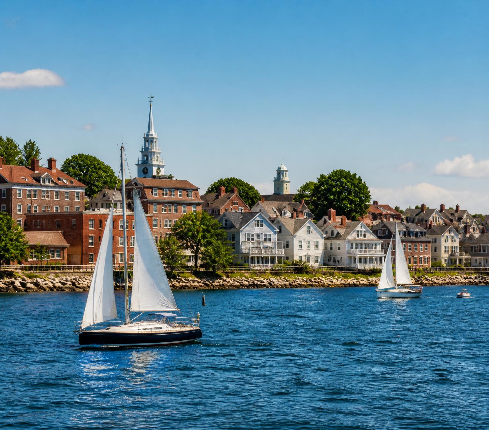 Portsmouth, New Hampshire waterfront in summer with historic brick buildings, white clapboard houses and sailboats on the Piscataqua River